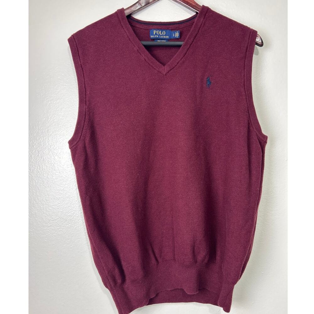 VTG Polo Ralph Lauren Sweater Vest Large Burgundy Maroon Cotton Mens